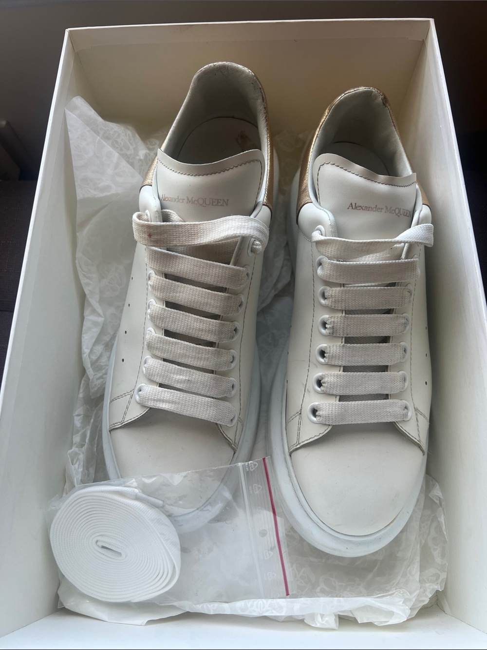 Alexander McQueen White Leather Sneakers with Gold Heel Tab
